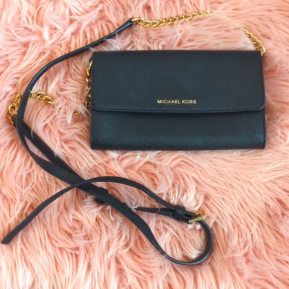 Michael Kors black and gold crossbody wallet with phone holder